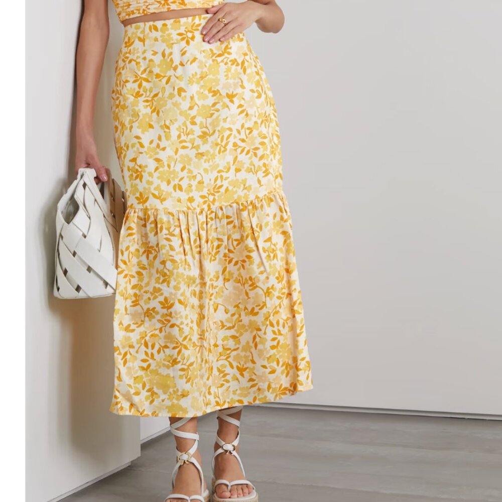 PEONY Tiered Yellow Floral Print Linen Maxi Skirt - Size Small